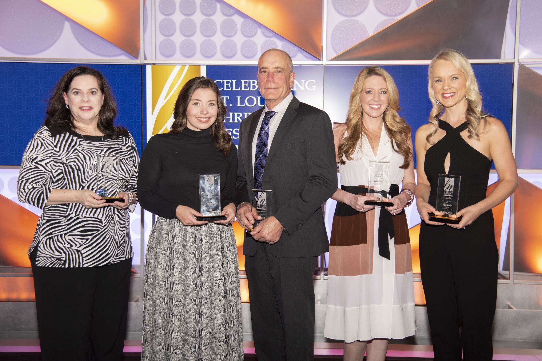 2019 Ladue News Design Award Winners: GiGi Lombrano, Jamie Reeves (accepting on behalf of Amy Studebaker), Tony Frisella, Laurie LeBoeuf, Rebekah Moore Murphy
